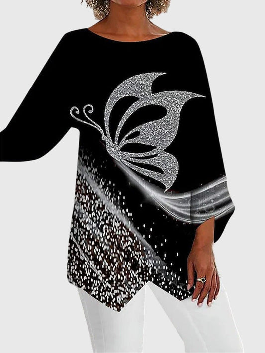 Effortless Abstract Blouse for Women with Crew Neck Long Sleeve Oversized Casual Style
