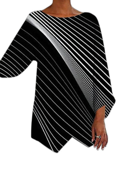 Effortless Abstract Blouse for Women with Crew Neck Long Sleeve Oversized Casual Style