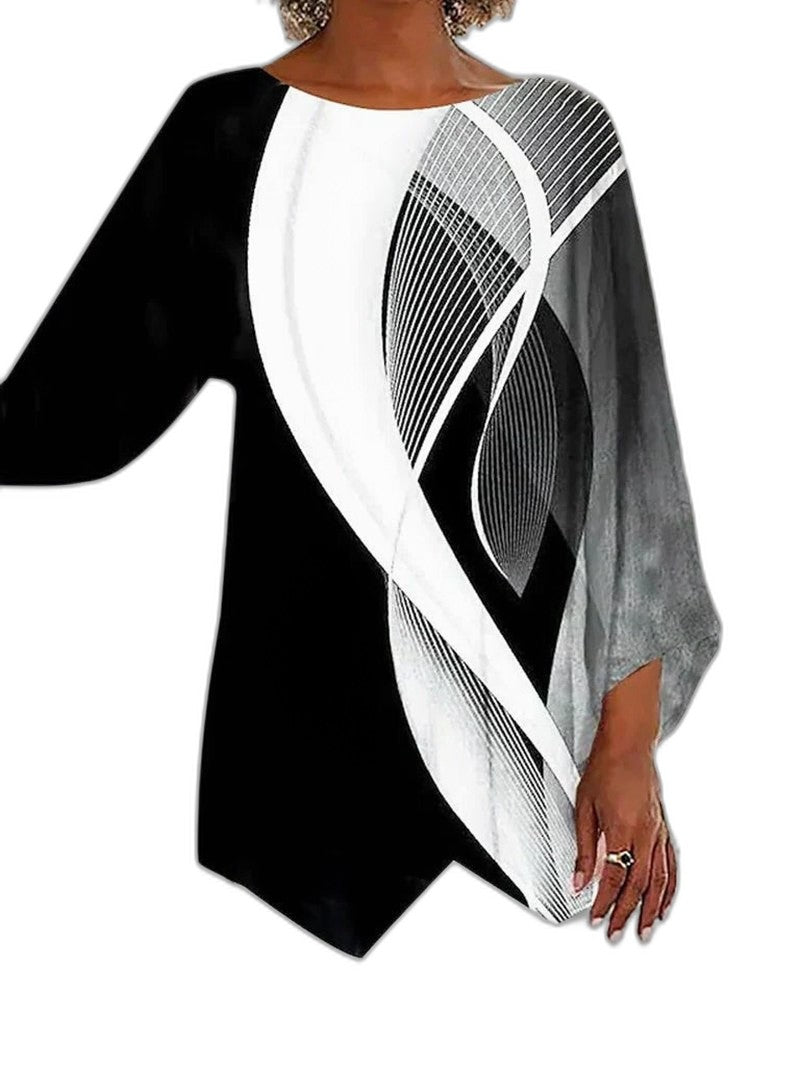 Effortless Abstract Blouse for Women with Crew Neck Long Sleeve Oversized Casual Style