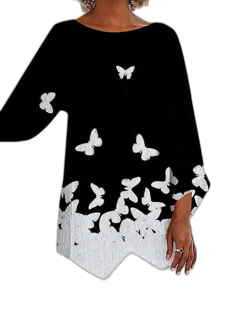 Effortless Abstract Blouse for Women with Crew Neck Long Sleeve Oversized Casual Style