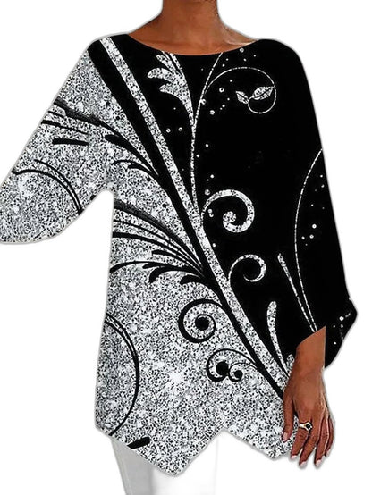 Effortless Abstract Blouse for Women with Crew Neck Long Sleeve Oversized Casual Style