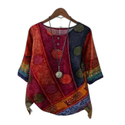 Effortless Abstract Blouse for Women with Crew Neck Short Sleeve Flowing Oversized Casual Style