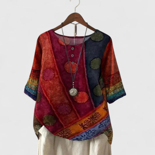 Effortless Abstract Blouse for Women with Crew Neck Short Sleeve Flowing Oversized Casual Style