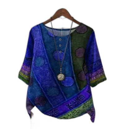 Effortless Abstract Blouse for Women with Crew Neck Short Sleeve Flowing Oversized Casual Style