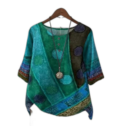 Effortless Abstract Blouse for Women with Crew Neck Short Sleeve Oversized Casual Style