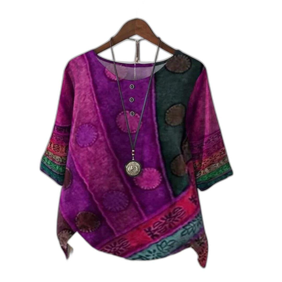 Effortless Abstract Blouse for Women with Crew Neck Short Sleeve Oversized Casual Style