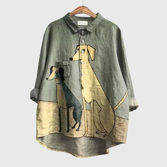 Effortless Abstract Blouse for Women with Linen Collared Long Sleeve Button Front Oversized Casual Style