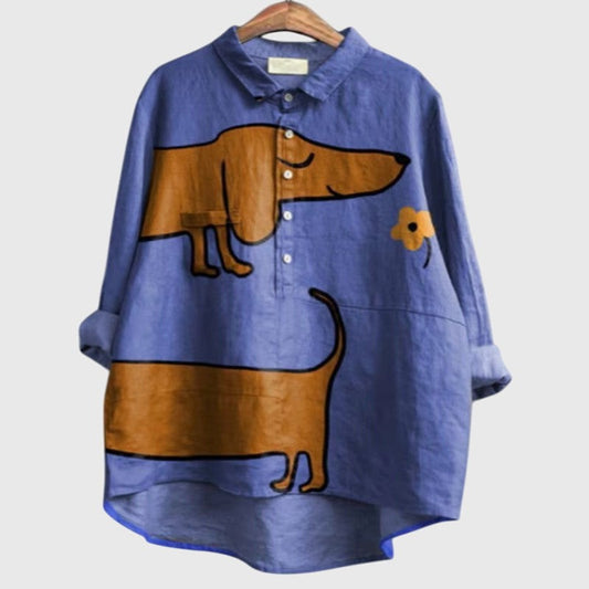 Effortless Abstract Blouse for Women with Linen Collared Long Sleeve Button Front Oversized Casual Style