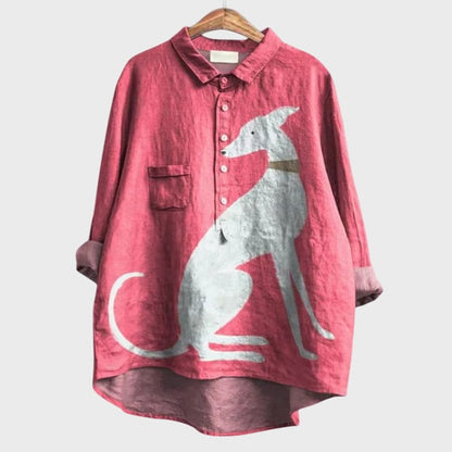 Effortless Abstract Blouse for Women with Linen Collared Long Sleeve Button Front Oversized Casual Style