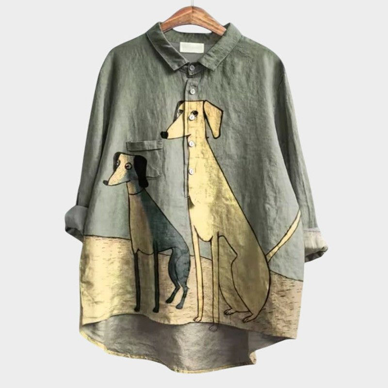 Effortless Abstract Blouse for Women with Linen Collared Long Sleeve Button Front Oversized Casual Style