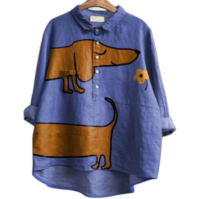 Effortless Abstract Blouse for Women with Linen Collared Long Sleeve Button Front Oversized Casual Style