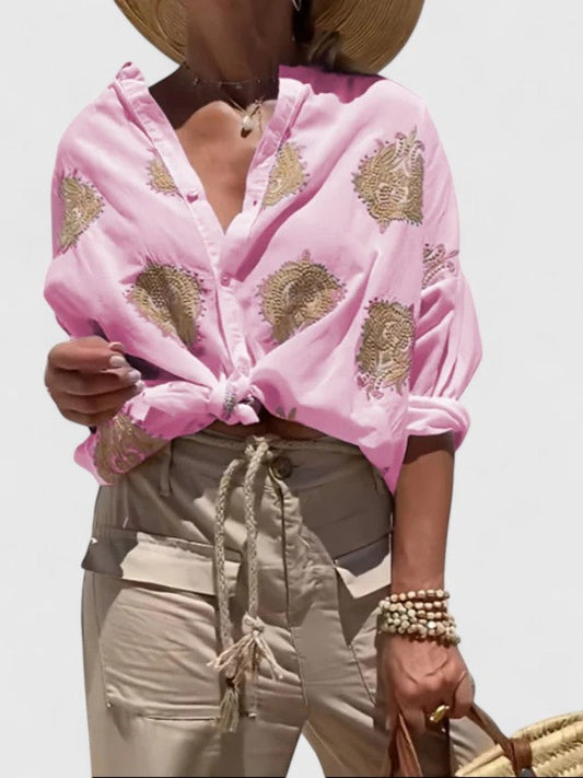 Effortless Abstract Blouse for Women with V Neck Long Sleeve Button Front Casual Style