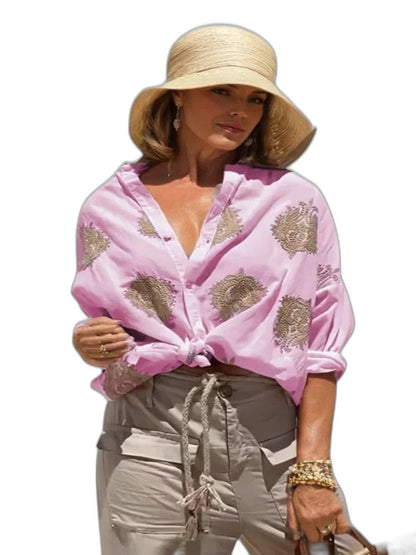 Effortless Abstract Blouse for Women with V Neck Long Sleeve Button Front Casual Style