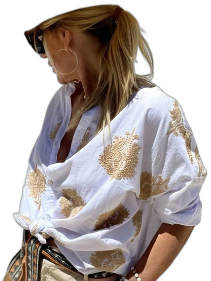 Effortless Abstract Blouse for Women with V Neck Long Sleeve Button Front Casual Style