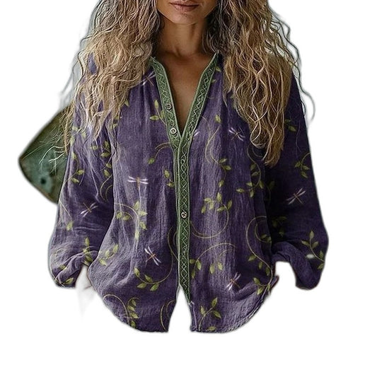 Effortless Abstract Blouse for Women with V Neck Long Sleeve Button Front Flowing Casual Style