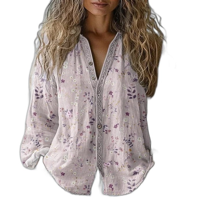 Effortless Abstract Blouse for Women with V Neck Long Sleeve Button Front Flowing Casual Style