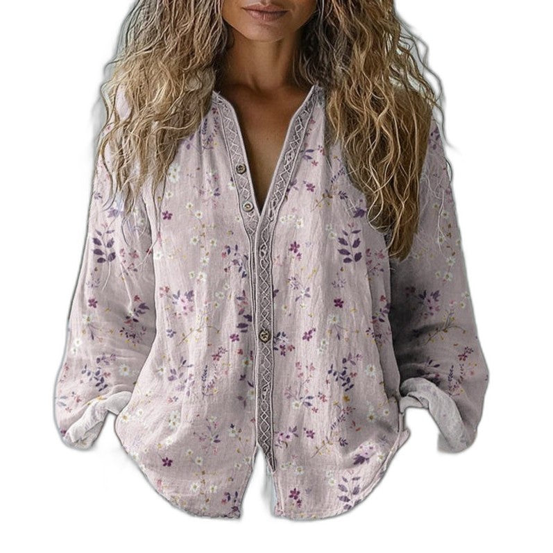 Effortless Abstract Blouse for Women with V Neck Long Sleeve Button Front Flowing Casual Style