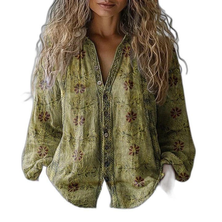 Effortless Abstract Blouse for Women with V Neck Long Sleeve Button Front Flowing Casual Style