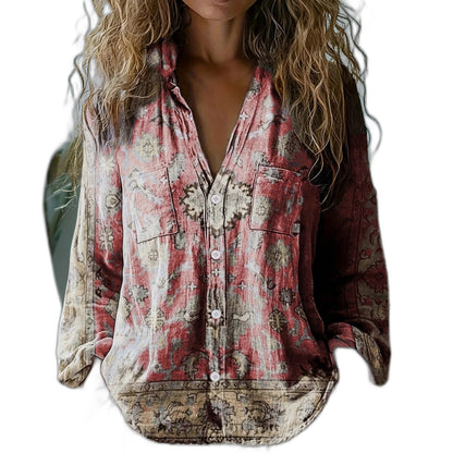 Effortless Abstract Blouse for Women with V Neck Long Sleeve Button Front Flowing Casual Style