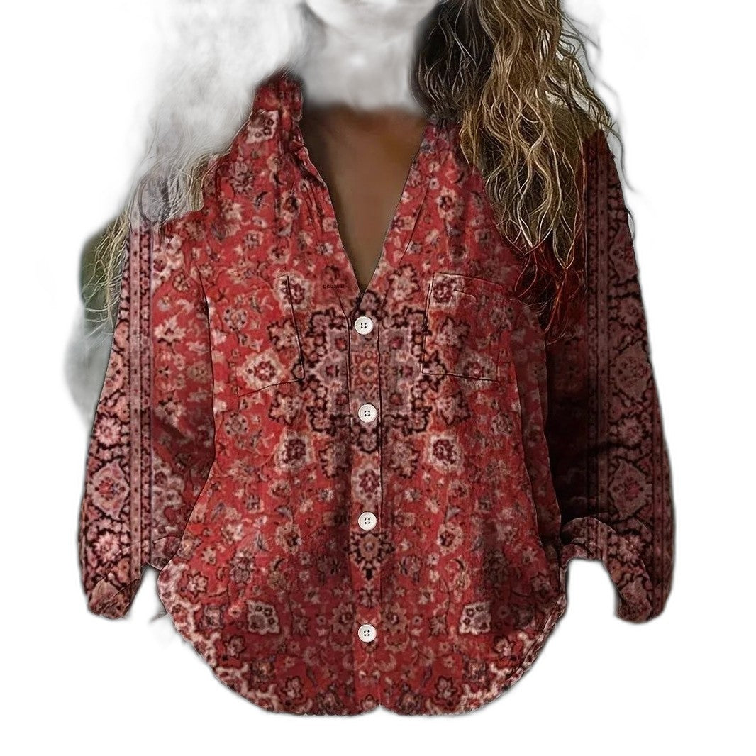 Effortless Abstract Blouse for Women with V Neck Long Sleeve Button Front Flowing Casual Style