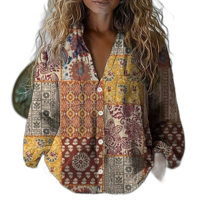 Effortless Abstract Blouse for Women with V Neck Long Sleeve Button Front Flowing Casual Style