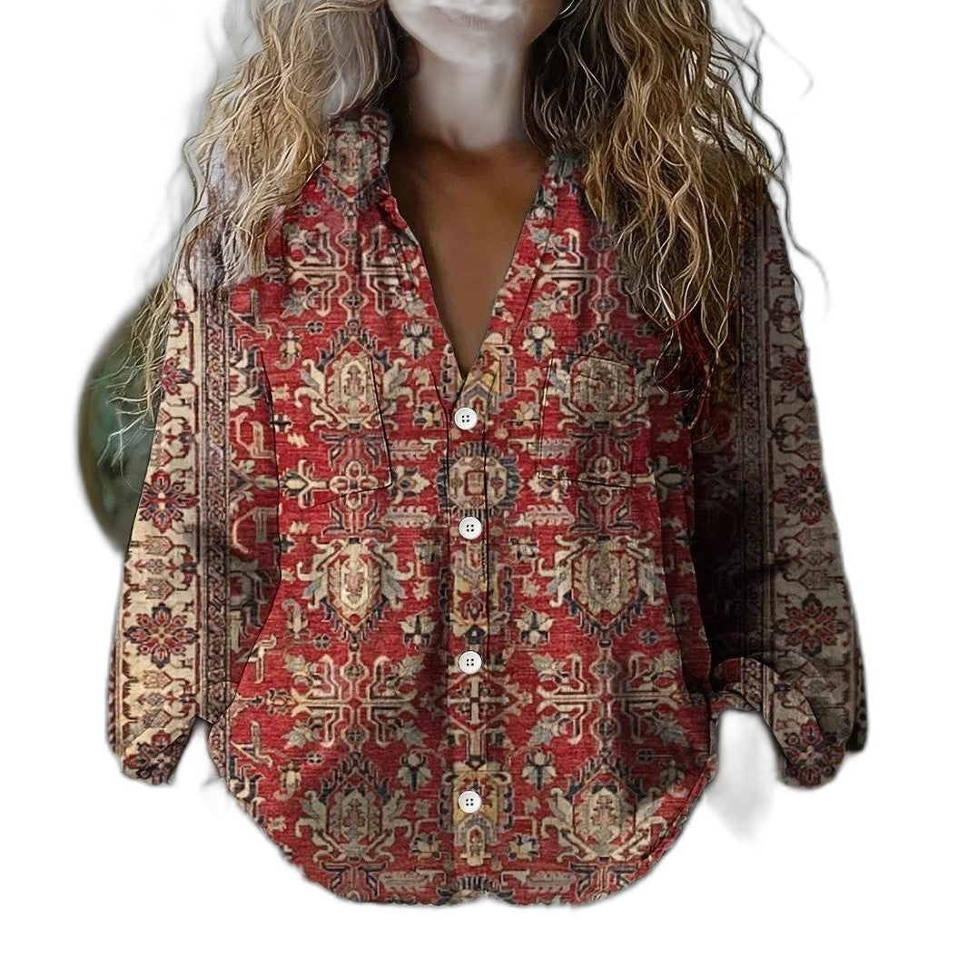 Effortless Abstract Blouse for Women with V Neck Long Sleeve Button Front Flowing Casual Style