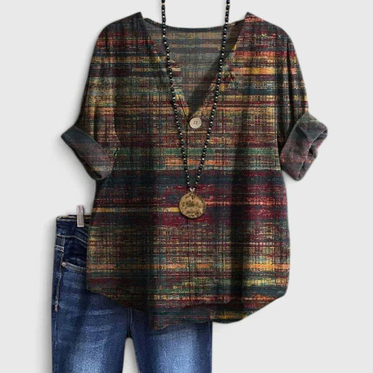 Effortless Abstract Blouse for Women with V Neck Short Sleeve Oversized Casual Style