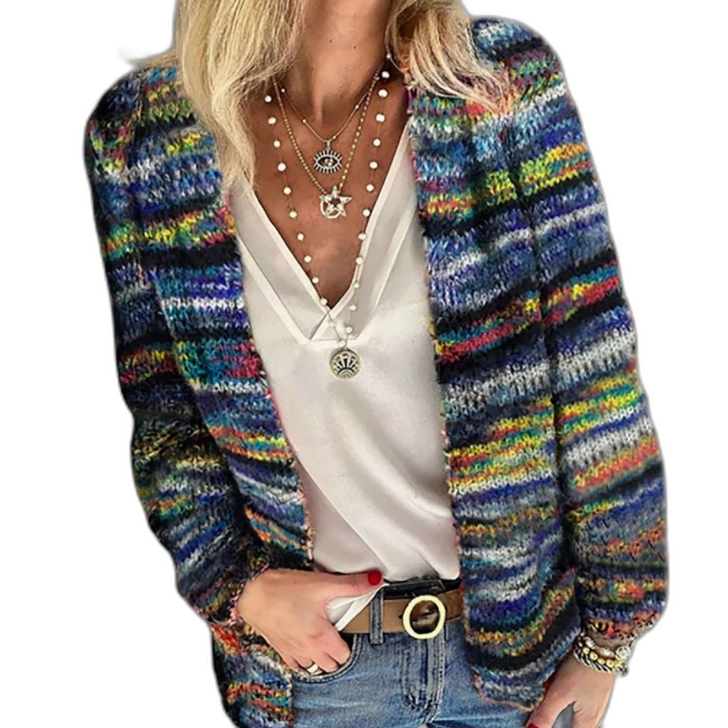 Effortless Abstract Cardigan Sweater for Women with Collared Long Sleeve Casual Style