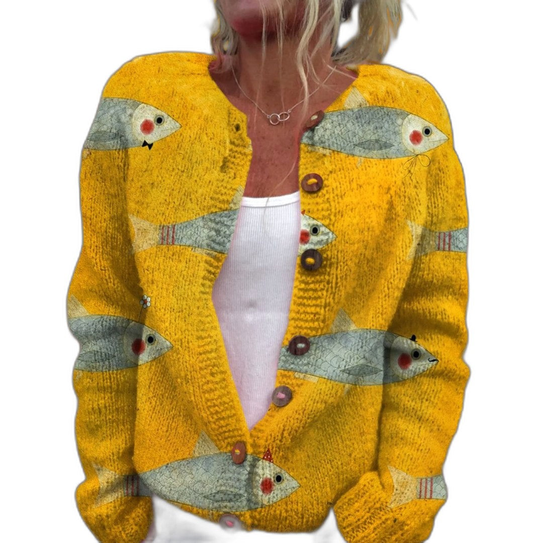 Effortless Abstract Cardigan Sweater for Women with Crew Neck Long Sleeve Button Front Casual Style