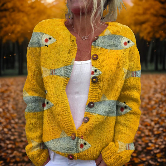 Effortless Abstract Cardigan Sweater for Women with Crew Neck Long Sleeve Button Front Casual Style