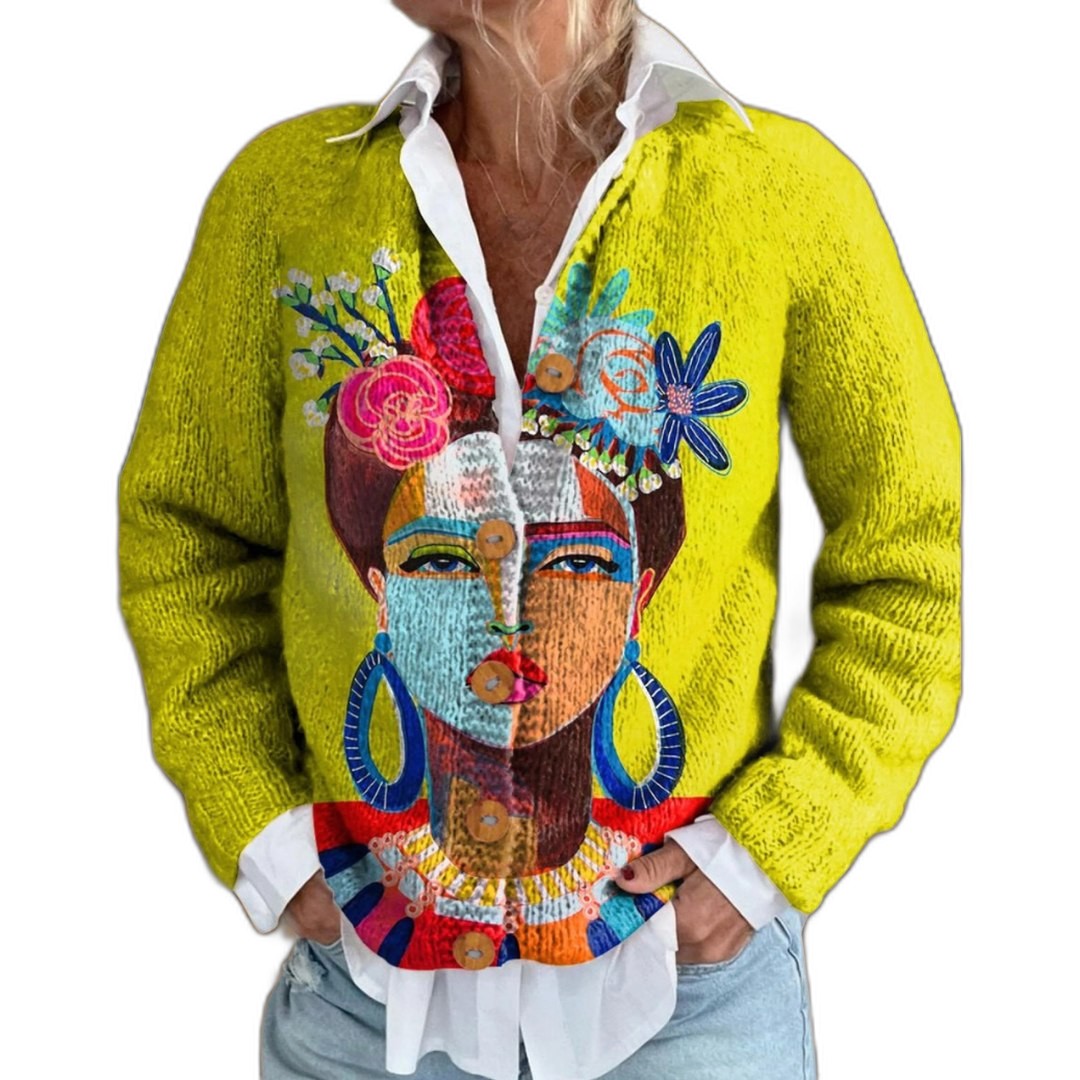 Effortless Abstract Cardigan Sweater for Women with Knit Crew Neck Long Sleeve Button Front Casual Style