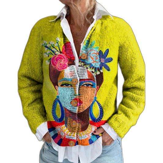 Effortless Abstract Cardigan Sweater for Women with Knit Crew Neck Long Sleeve Button Front Casual Style