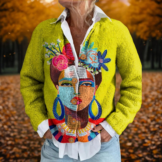 Effortless Abstract Cardigan Sweater for Women with Knit Crew Neck Long Sleeve Button Front Casual Style