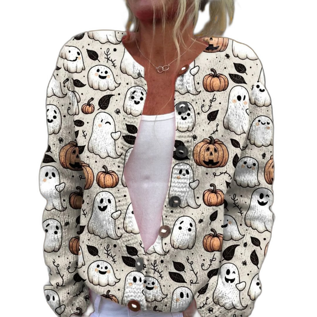 Effortless Abstract Cardigan Sweater for Women with Knit V Neck Long Sleeve Button Front Casual Style