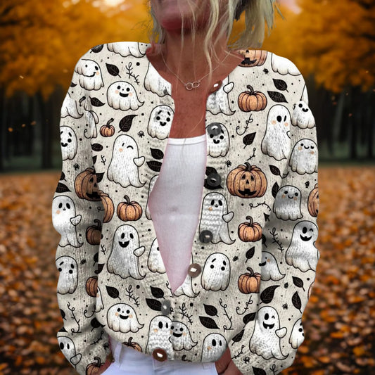 Effortless Abstract Cardigan Sweater for Women with Knit V Neck Long Sleeve Button Front Casual Style