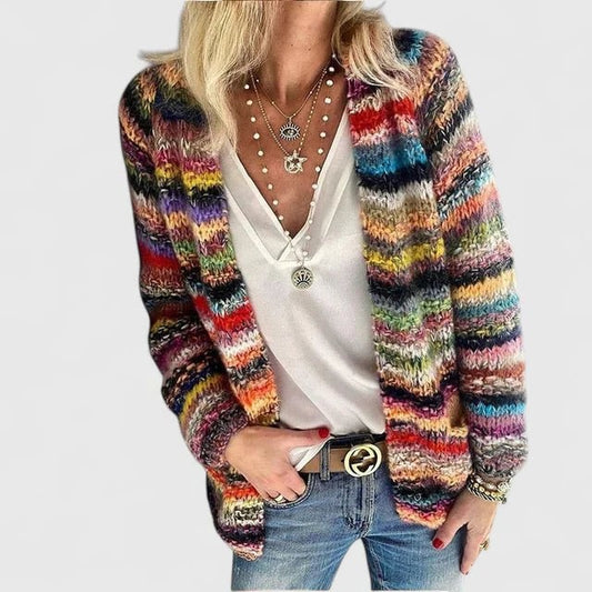Effortless Abstract Cardigan Sweater for Women with V Neck Long Sleeve Button Front Casual Style