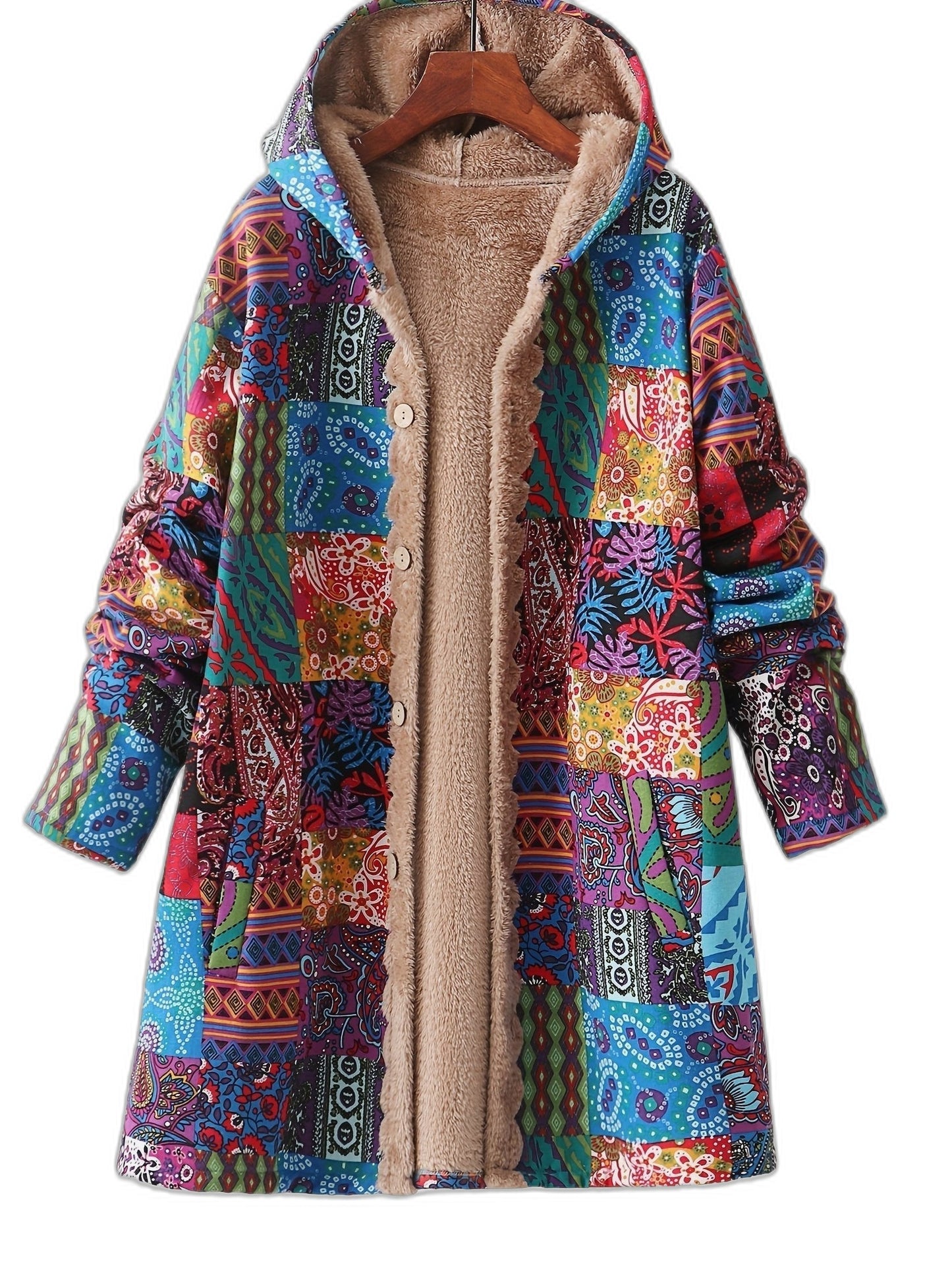 Effortless Abstract Coat for Women with Long Sleeve Button Front Fur Lined Casual Style