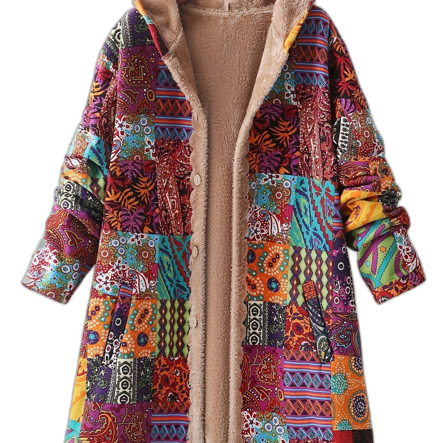 Effortless Abstract Coat for Women with Long Sleeve Button Front Fur Lined Casual Style