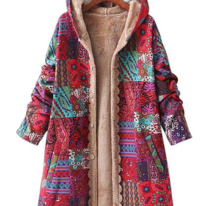 Effortless Abstract Coat for Women with Long Sleeve Button Front Fur Lined Casual Style