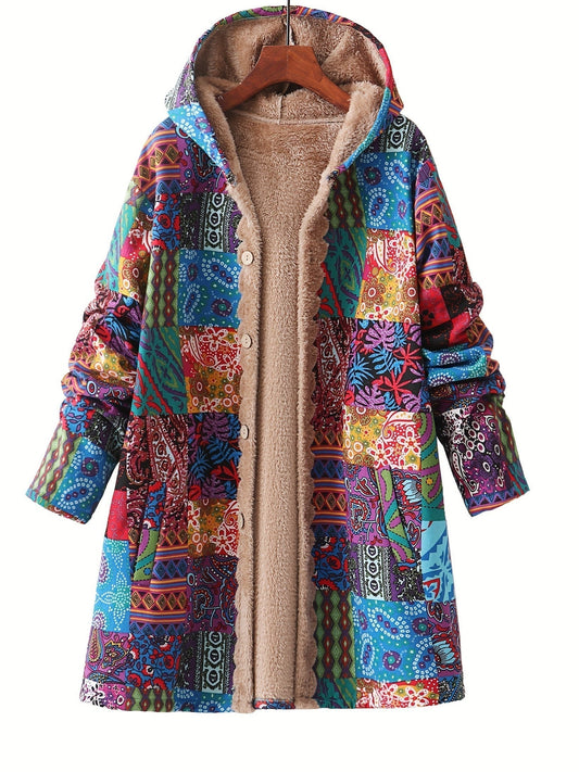 Effortless Abstract Coat for Women with Long Sleeve Button Front Fur Lined Casual Style