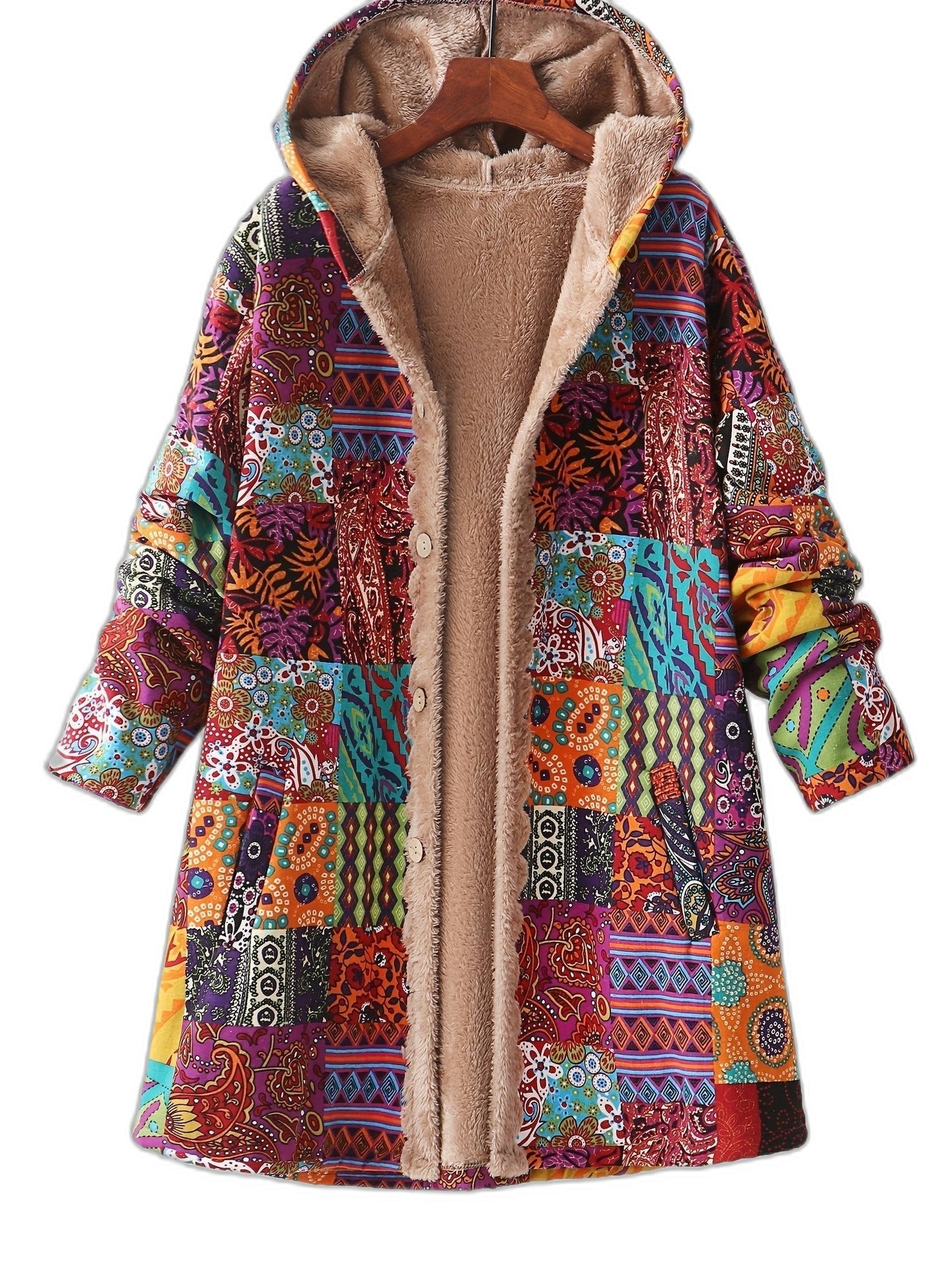 Effortless Abstract Coat for Women with Long Sleeve Button Front Fur Lined Casual Style