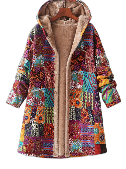 Effortless Abstract Coat for Women with Long Sleeve Button Front Fur Lined Casual Style