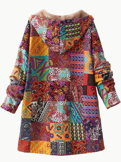 Effortless Abstract Coat for Women with Long Sleeve Button Front Fur Lined Casual Style