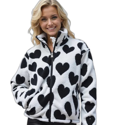 Effortless Abstract Jacket for Women with High Neck Long Sleeve Pockets Casual Style