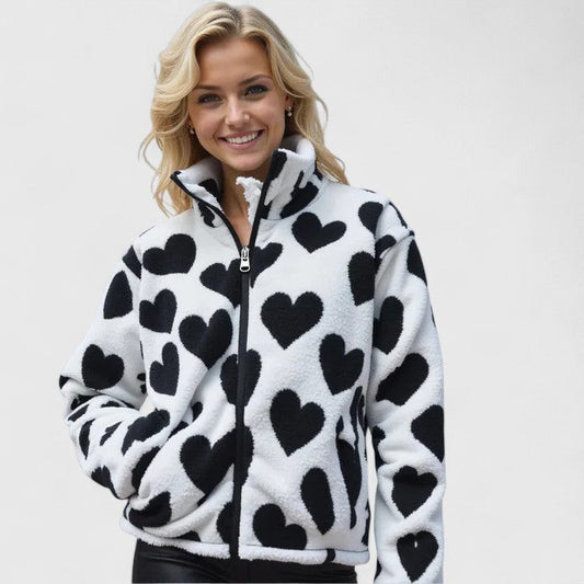 Effortless Abstract Jacket for Women with High Neck Long Sleeve Pockets Casual Style