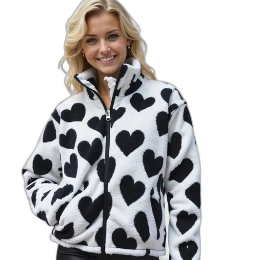 Effortless Abstract Jacket for Women with High Neck Long Sleeve Pockets Casual Style
