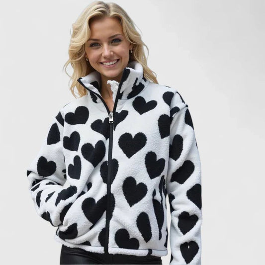 Effortless Abstract Jacket for Women with High Neck Long Sleeve Pockets Casual Style