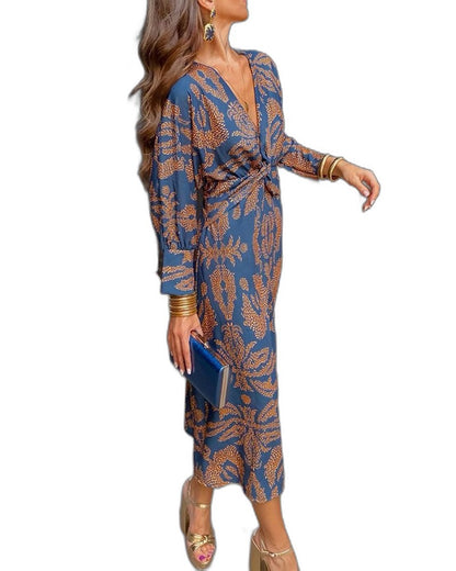 Effortless Abstract Jumpsuit for Women with V Neck Long Sleeve A Line Wrap Belted Casual Style