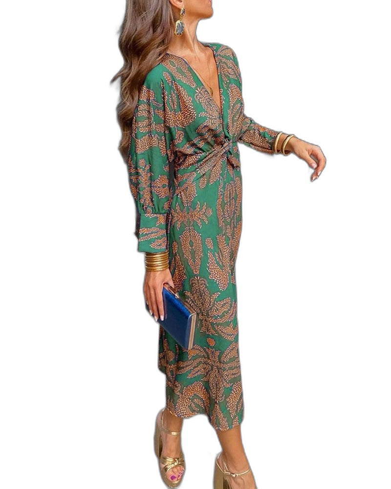 Effortless Abstract Jumpsuit for Women with V Neck Long Sleeve A Line Wrap Belted Casual Style
