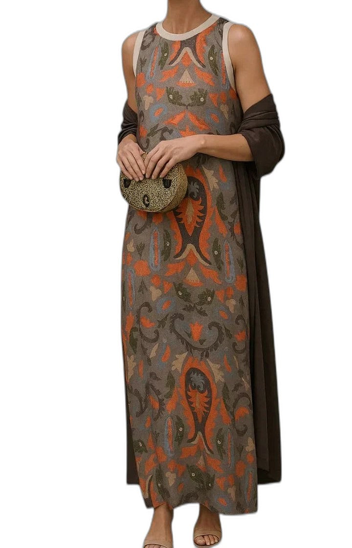 Effortless Abstract Maxi Dress for Women with Crew Neck Short Sleeve Flowing Casual Style